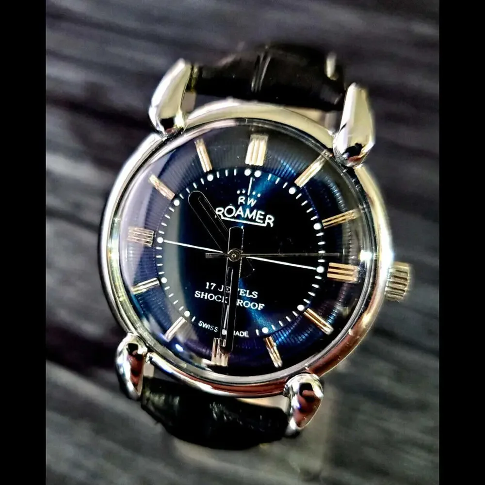 Rare Roamer Brevete Swiss Mens Manual Watch Slv Blu‎ Blk